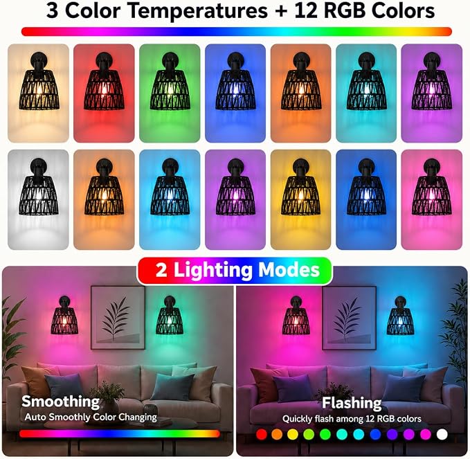 Black Battery Operated Wall Sconces Set of 2, Rattan Wall Sconces with Remote, RGB 15 Colors Dimmable Rechargeable Wall Light, Indoor Wireless Wall Lamp for Bedroom