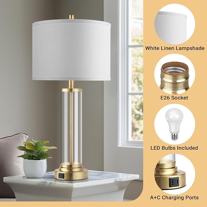 QiMH Lamps for Bedrooms Set of 2, Touch Control Table Lamps with USB A+C Ports, 3-Way Dimmable Bedside Lamp with Fabric Lampshade, Modern Nightstand Lamp for Living Room Bedroom (LED Bulbs Included) | 2 Dimmable LED Bulbs, USB A+C Charging Ports, Moder...