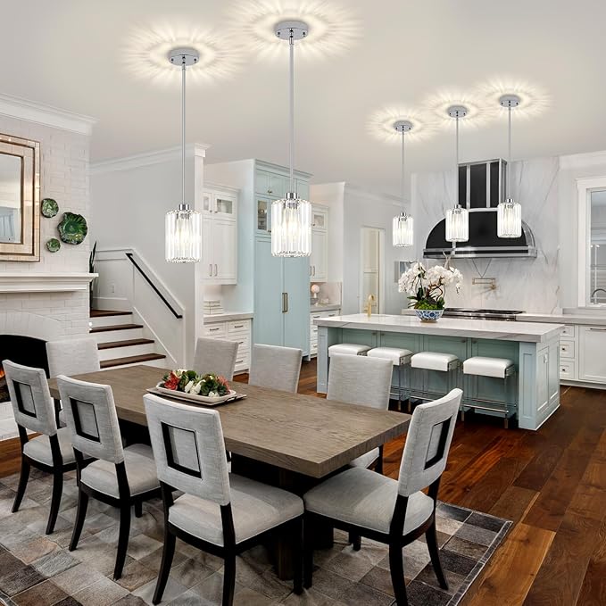3 Pack Chrome Pendant Lights Kitchen Island, Modern Crystal Kitchen Pendant Lighting Over Island Adjustable Hanging Dining Room Light Fixtures Mini Pendant Light for Bathroom Hallway Bedroom Foyer