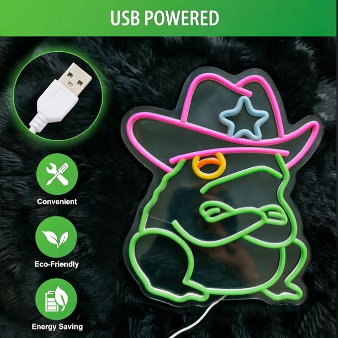 Cowboy Frog Neon Sign Green Toad LED Light Wall Decor for Man Cave Room | Dimmable Western Cowboy Toad Neon Sign Funny Decor for Frog and Toad Lover Gaming Room Bedroom Pub Bar Unique Gift Idea