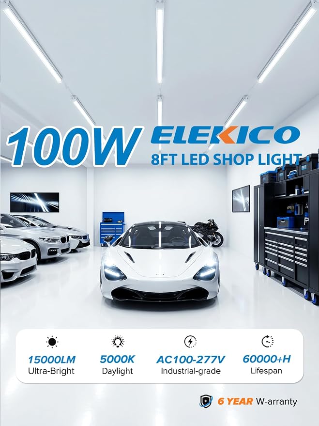 ELEKICO Super Bright Upgrade 100W Led Shop Lights 8FT 6-Pack 5000K 15000LM | 96inch Shop Light 8' Led Ceiling Garage Lighting Light Fixtures for Garage Shop Workshop Warehouse Barn Lighting