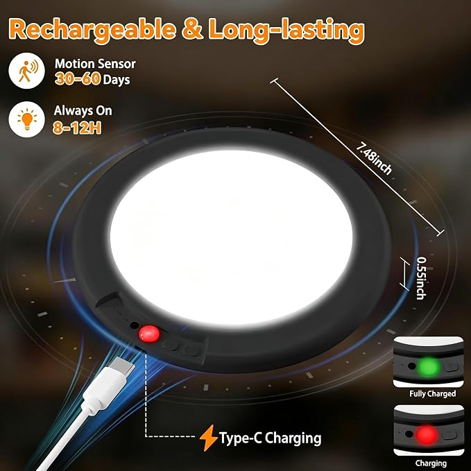 KYEKIO 2Pack Rechargeable LED Ceiling Light/Shower Light with Remote | Motion Sensor, Wireless Magnetic Easy-Install, 3 Color, Dimmable, Battery-Powered, for Closet, Pantry, Hallway, Porch, Patio