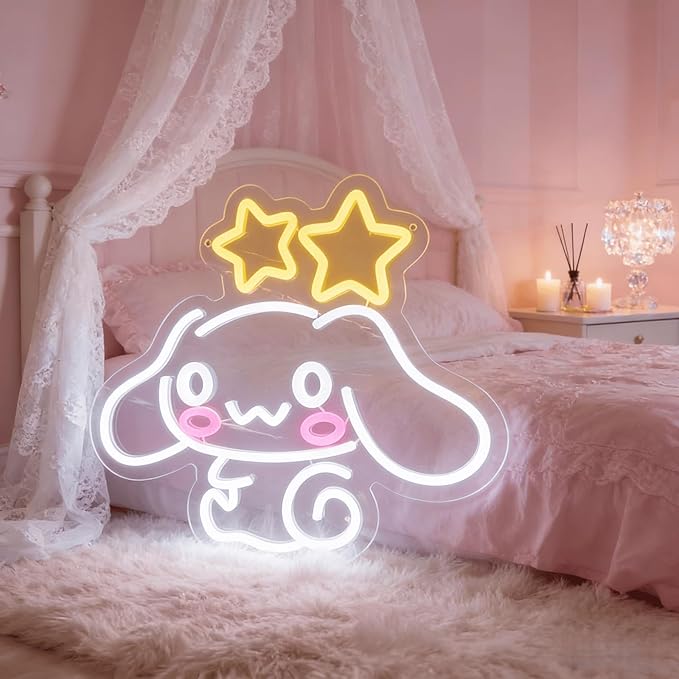 Cinnamoroll Neon Sign for Room Decor, USB Powered LED Lights with Dimmable, Japanese Cartoon Dog Neon Signs, Cute Night Light Gifts for Children (14.96"L x 12.99"W)