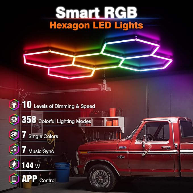 RGB Hexagon Garage Lights, Music Sync LED Hexagon Lights for Gaming Room, Smart App & Remote Control, DIY Honeycomb Ceiling Light for Studio Gym Basement Deco