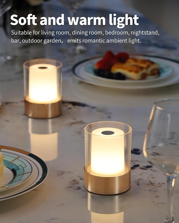 4" Gold Cordless Table Lamp 2 Pack, Outdoor Rechargeable Lamp | LED, Battery Operated, Portable, Touch Night Light for Dining Room, Camping, Bar, Party, Bedside, Bedroom, Home Decor, Gift