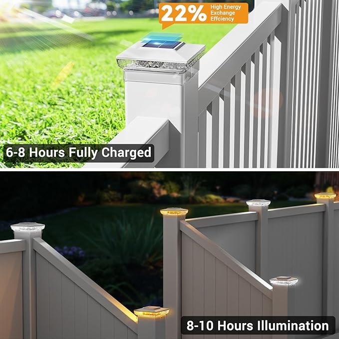 btfarm 6 Pack Solar Post Cap Lights Outdoor, 2 Mode 16 LED Fence Post Light Fit 4x4 3.5x3.5 Wooden/Vinyl, Waterproof Bright Solar Powered Lights Outside for Deck Patio Porch Garden Decoration, White