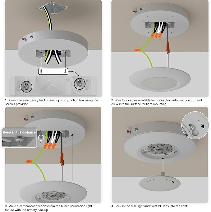 6 Inch LED Emergency Disk Light Kit with Battery Backup, Ceiling Mount Emergency Lights, Dimmable, 120-277V, 15W, 1000lm, CRI90, 5CCT Selectable, ETL & Wet Rated, White, 4 Packs
