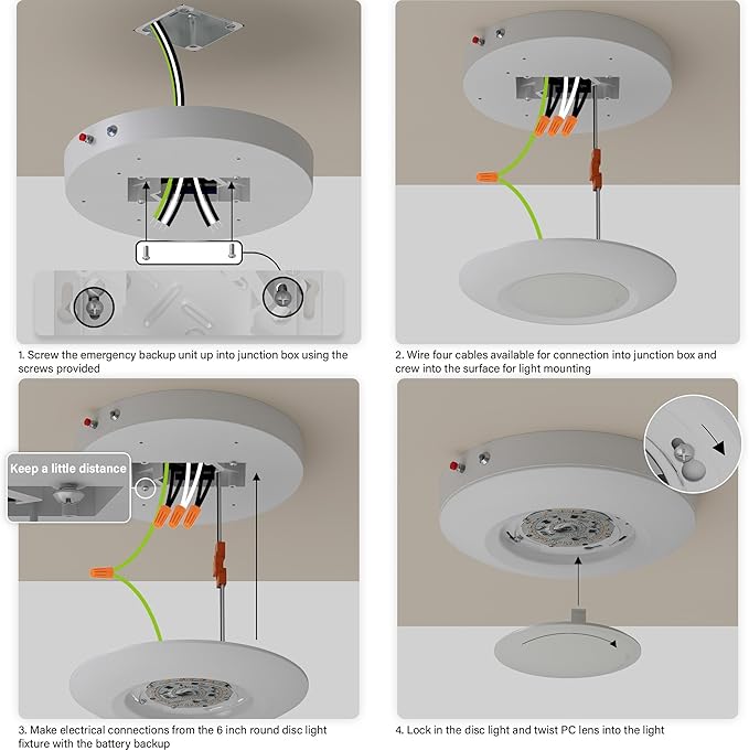 6 Inch LED Emergency Disk Light Kit with Battery Backup, Ceiling Mount Emergency Lights, Dimmable, 120-277V, 15W, 1000lm, CRI90, 5CCT Selectable, ETL & Wet Rated, White, 1 Pack