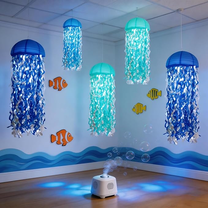 Jellyfish Paper Lanterns with LED Lights Set of 6, Blue Mix Dome Hanging Floating Decorations for Under the Sea Party Mermaid Birthday Ocean Classroom Beach Room Aesthetic