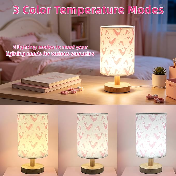 Whale Kids Table Lamp for Bedroom,Kids Bedside Lamps 3 Colors Dimmable Nightstand Night Light with Cartoon Flaxen Fabric Shade Desk Lamp for Girls Boys Room Nursery Ocean Decor,Birthday Kids Gift