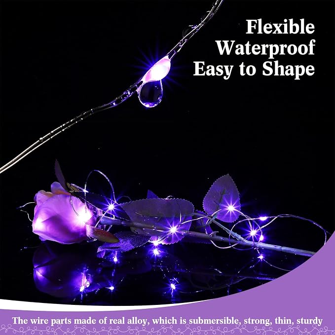 100 Packs Fairy Lights Battery Operated 3 Speed Modes, 7 Ft/ 2 M 20 LED Battery String Mini Waterproof Wire Twinkle Lights Bulk for Wedding Party Birthday Vases Decor (Purple Light)