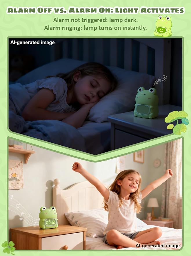 Frog Alarm Clock with Night Light for Kids, Silicone Cute Toddler Wake Clock, Rechargeable 7 Colors RGB & Warm Light, Sleep Companion for Boys Girls