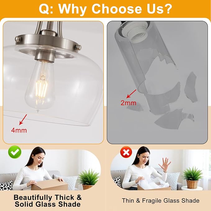 Modern Pendant Lights Kitchen Island, Brushed Nickel Pendant Light Fixtures with 10" Clear Glass Shade, Industrial Hanging Pendant Lights Fixture for Kitchen Island Dining Room Bedroom Foyer Entryway