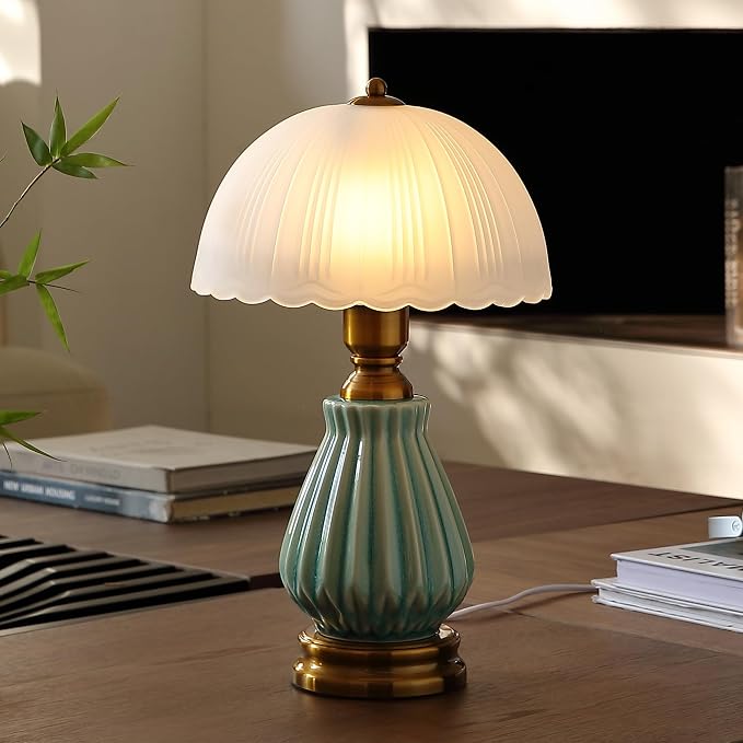 Glivpny 16" Vintage Ceramic Table Lamp forBedroom,Mushroom Lamps(LD004) | Mid Century Modern Ceramic Lamps for Living Room,Retro Bedside Glass Lamps, Classic Chinoiserie Green Lamp for Home Decor