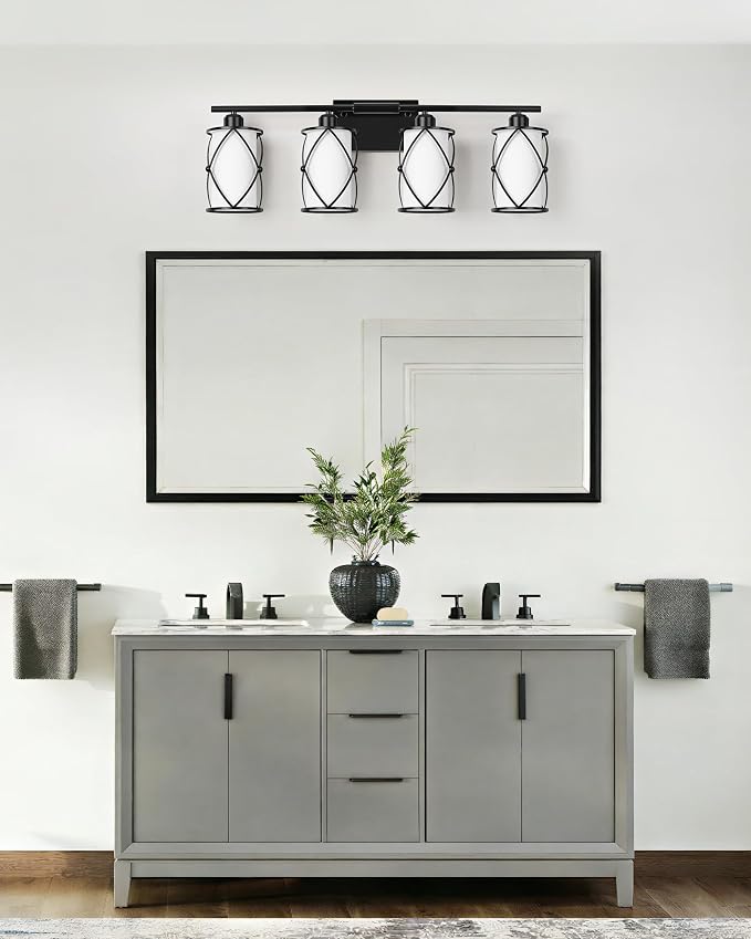 4-Light Black Bathroom Light Fixtures with Milk White Frosted Glass, 29" Modern Bathroom Vanity Lighting Fixtures Over Mirror with Metal Cage, Wall Sconce Lights for Bath, E26, CH9176BKW-4W