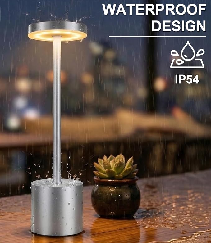 Silver Cordless Table Lamp Rechargeable - 2 Pack 5000mAH Battery Operated Lamp for Counter, 3 Color Stepless Dimming Waterproof LED Wireless Lamp for Dining Kitchen, Outdoor Patio, Touch Control