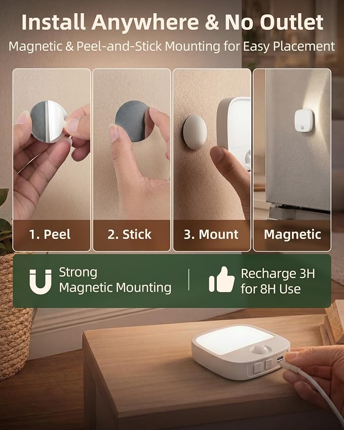 EZVALO Rechargeable Motion Sensor Night Lights, 2 Pack Magnetic Stick-On LED Lights with 3 Color Temperatures, Dimming Memory 1000mAh Battery Light for Closet, Bedroom, Hallway, Stairs, Bathroom