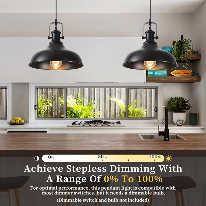 Matte Black Dome Pendant Lights 3 Pack, 11.41" Industrial Farmhouse Pendant Light, Adjustable Cord Pendant Lighting for Kitchen Island Dining Porch Sink Hallway Entryway