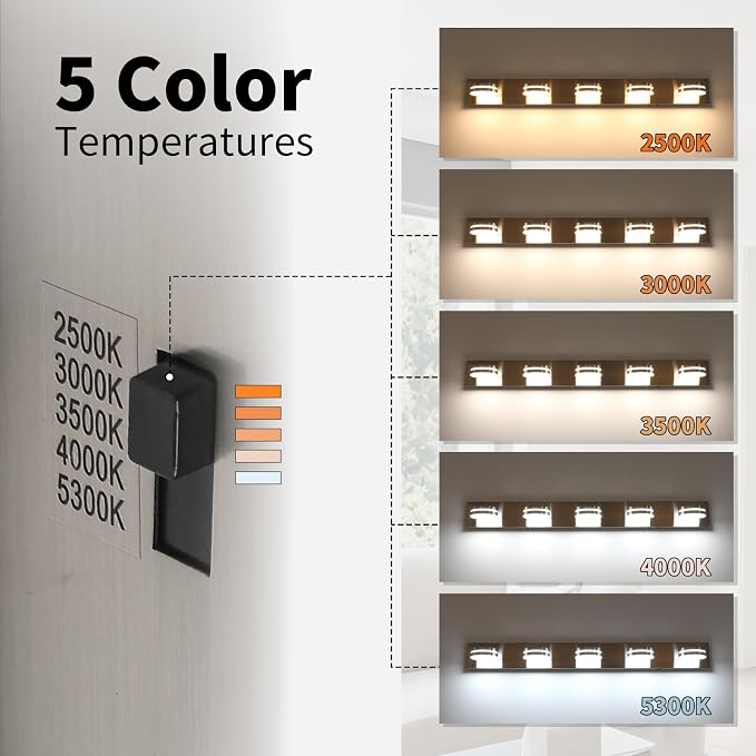 Brushed Nickel Bathroom Light Fixtures Over Mirror, 5-Light | LED Dimmable Bath Lights, Modern Wall Mounted Lighting Fixture with Rotating Lamp Head, Acrylic Metal, 5CCT 40.55in