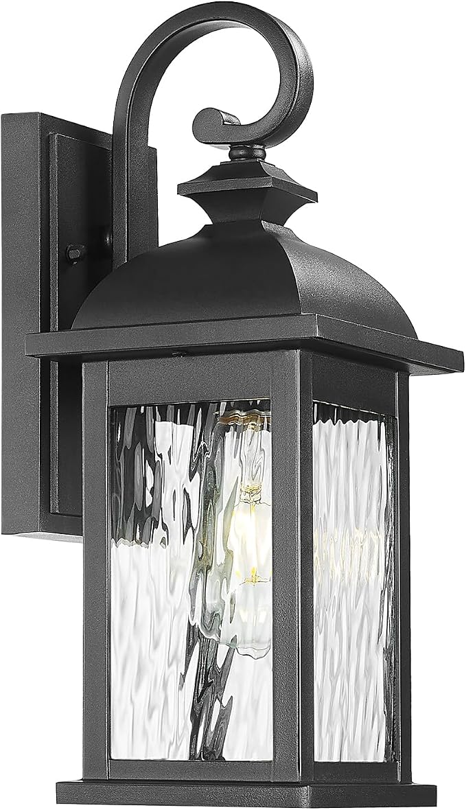 FEMILA Outdoor Wall Light Fixture, 1-Light Exterior Waterproof Wall Sconce, 15" Front Porch Lights, Anti-Rust Matte Black Finish with Water Ripple Glass, 4FD54B BK-WP