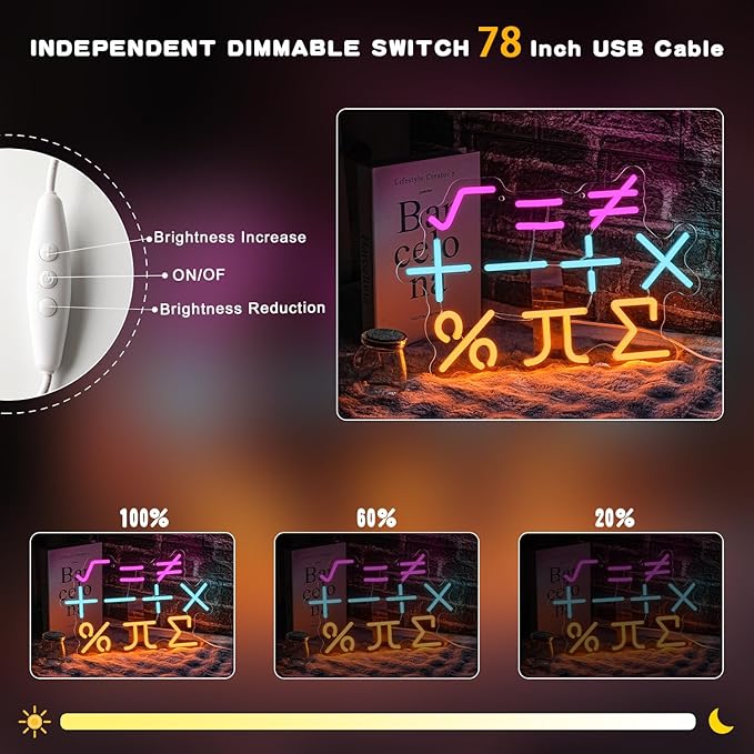 Math Neon Sign for Classroom Wall Decor Math Notate Light Up Sign Math Equation Led Light Color Formula Sign for Office Study Bedroom Home Classroom Education Active