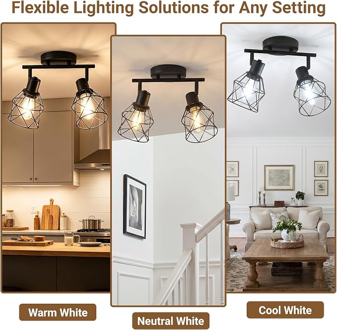 LOUSACE 2-Lights Kitchen Light Fixtures Ceiling Mount, Adjustable Flush Mount Ceiling Light with Metal Cage, Farmhouse Track Spotlight Ceiling Fixtures for Dining Room Entryway Living Room