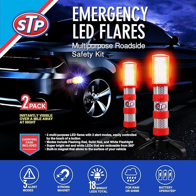 XTREME STP LED Road Flares, 3 Alert Lighting Modes: Flashing Red, Solid Red & White Flashlight, Emergency Flares for Vehicles, Visible From Up To A Mile, Foldable Stand/Built-In Magnet Sticks To Car