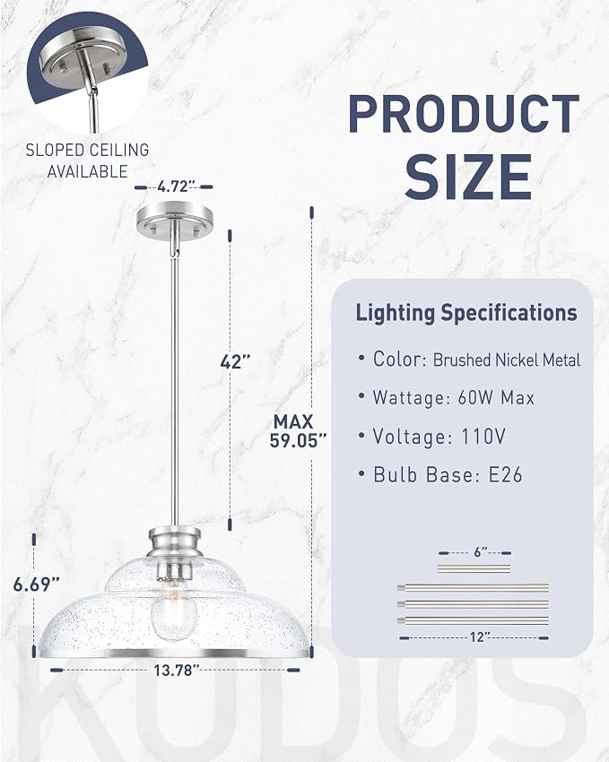 kudos 14" Brushed Nickel Seeded Glass Pendant Light, KDPL14-BN-M | E26 Bulb Base, Hardwired, Farmhouse Styling, Adjustable Hanging Rods for Flat or Sloped Ceilings, for Kitchen Bars