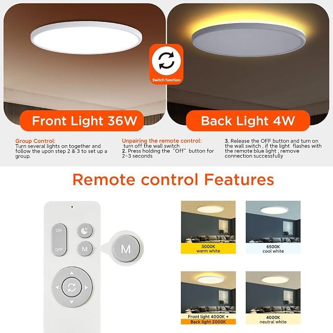 TALOYA 18 Inch Dimmable Flush Mount Ceiling Light with Remote | Adjustable Color Temperature 3000K-6500K, Plus 2000K Night Mode.Great for Bedroom,Living Room and Kitchen,White