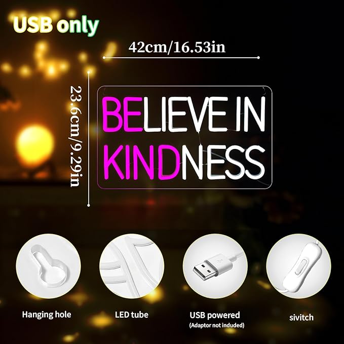 Believe in Kindness Neon Sign for Wall Decor Led Neon Signs Light Up Sign Room Decor Neon Lights Sign USB Powered
