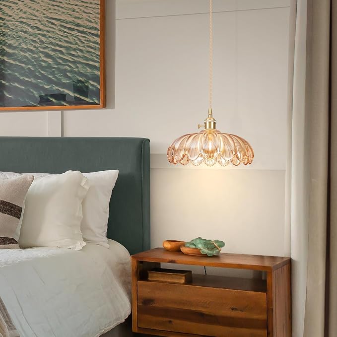 Pendant Lights Kitchen Island,Amber Glass Vintage Light Fixtures,9.8inch E26 Adjustable Hanging Light Flower Finish Ceiling Hanging Lamp for Bedroom Living Room Hallway 1 Light