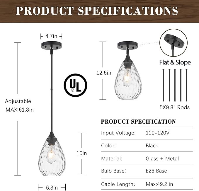 Black Pendant Lights Kitchen Island 2 Pack, Modern Glass Pendant Light Fixtures with Hammered Glass and Rods, Adjustable Small Hanging Light for Kitchen Sink Dining Room Bathroom