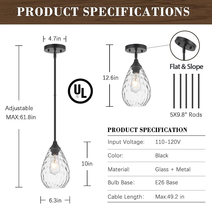 Glass Pendant Lights Kitchen Island, 1-Light Modern Black Pendant Light Fixtures with Hammered Glass and Rods, Small Hanging Light for Kitchen Sink Dining Room Bathroom