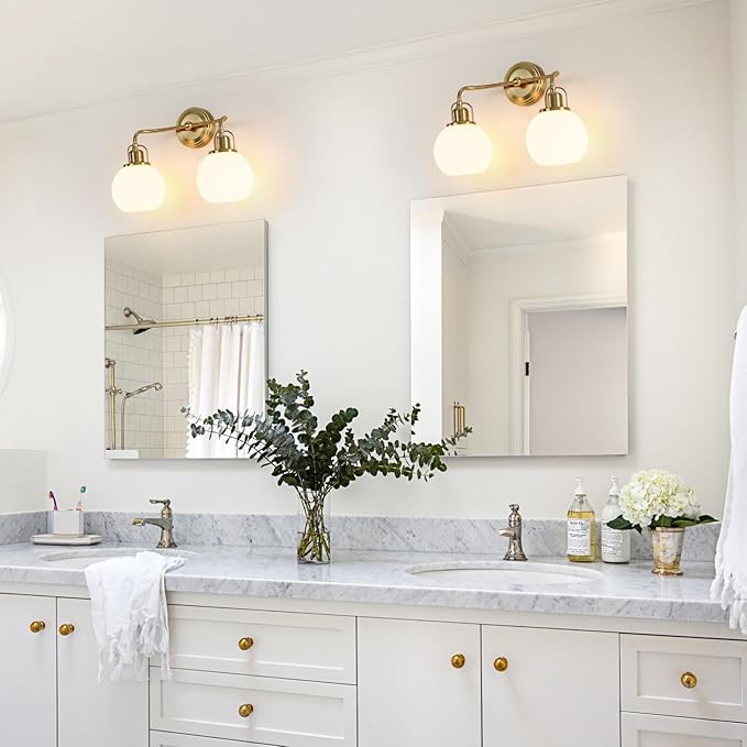 16" Bathroom Vanity Light, 2-Light Brushed Gold Vanity Lighting Fixture Over Mirror,Modern Wall Mount with Milk White Globe Glass Shade .16" L x 6.75" W x 10.5" H .BD045-2-G