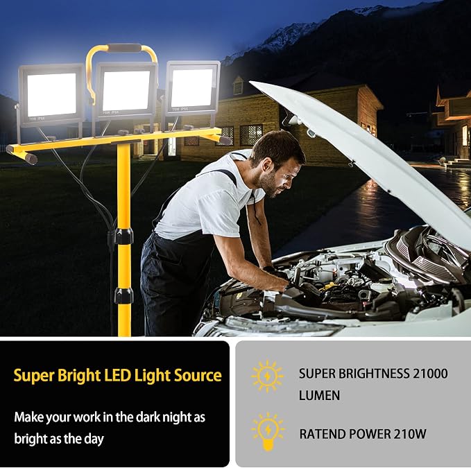 22000 Lumen Work Lights with Stand, 2 Adjustable Head LED Work Light, with Adjustable and Foldable Tripod Stand, Waterproof Lamp with Individual Switch with 6500 Kelvin Color Temperature
