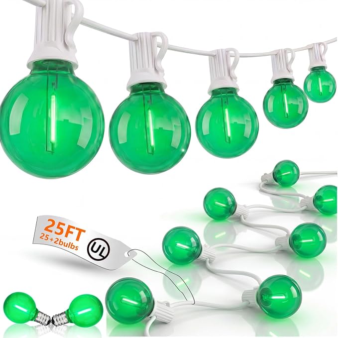 GOOTHY 25Ft G40 LED Outdoor Globe String Lights, Outdoor Christmas Decorations Lights with 27 Shatterproof Green Bulbs, Hanging Patio Light Waterproof for Irish-Themed Party Backyard Garden Wedding