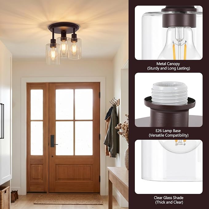 Semi Flush Mount Ceiling Light, 3-Light Close to Ceiling Light Fixtures, Vintage Oil-Rubbed Bronze Finish Kitchen Light Fixture with Clear Seeded Glass Shade Patriot Lighting for Entryway, 8.8"X11"
