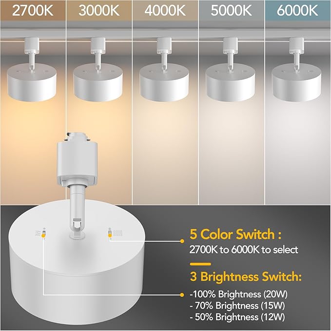 5 Color Diffuse LED Track Lighting Heads H Type Track Light Heads Dimmable Kitchen Track Lighting Fixtures Ceiling, Compatible with H Track Rails - Flicker Free CRI90+ 20W 2000lm, 4 Pack White