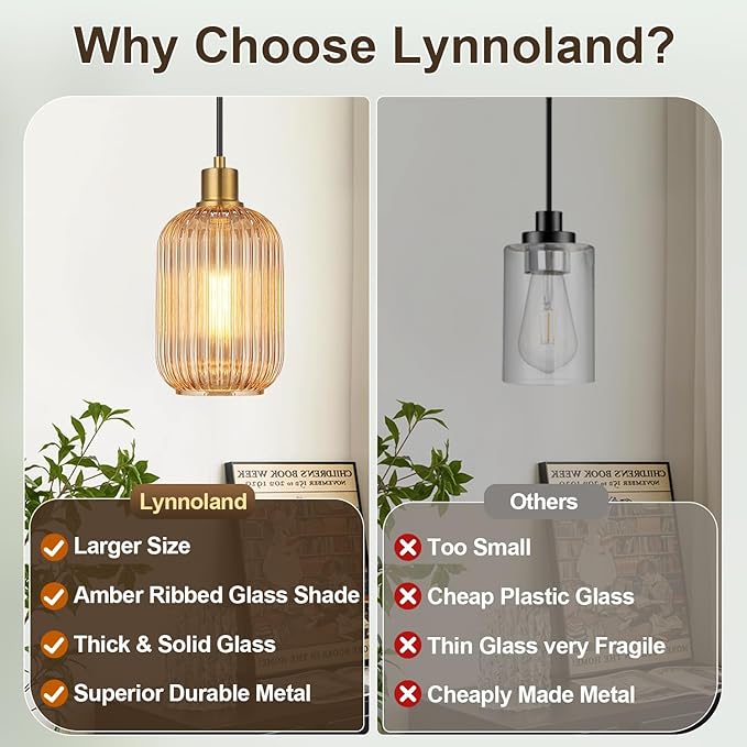 2 Pack Amber Cylinder Pendant Lights Kitchen Island with Ribbed Lampshade, Brushed Gold Hanging Light Fixture, Adjustable Pendant Lighting for Kitchen Island Sink Dining Room (Bulbs Not Included)