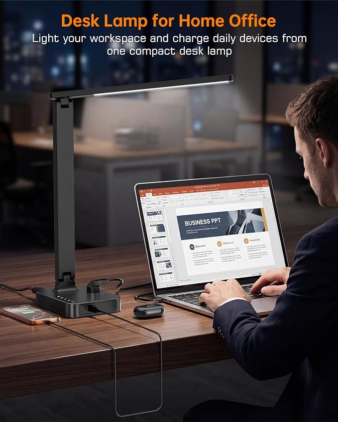 LED Desk Lamp for Dorm Office, USB-C & 2 AC Outlets Charging, Black | LED Desk Lamps for Home Office with 2 USB Charging Ports(1 USB-C), 2 AC Outlets, Foldable Small Desk Lamp for Study Reading