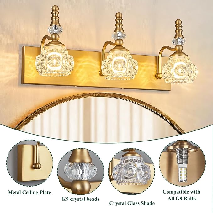 Modern Glass Crystal Vanity Light - Vintage Bathroom Lighting Fixtures Over Mirror, 3 Light Vanity Lights G9 Bulb (19.68 Inch,Brass)