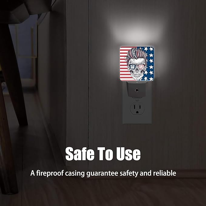 Abstract USA Flag Night Light, Hippe Skull Plug into Wall with Dusk to Dawn Light Sensors, Warm Nightlights for Bedroom, Bathroom, Hallway, Kitchen, Gifts Ideal for Boys Girls Women Men