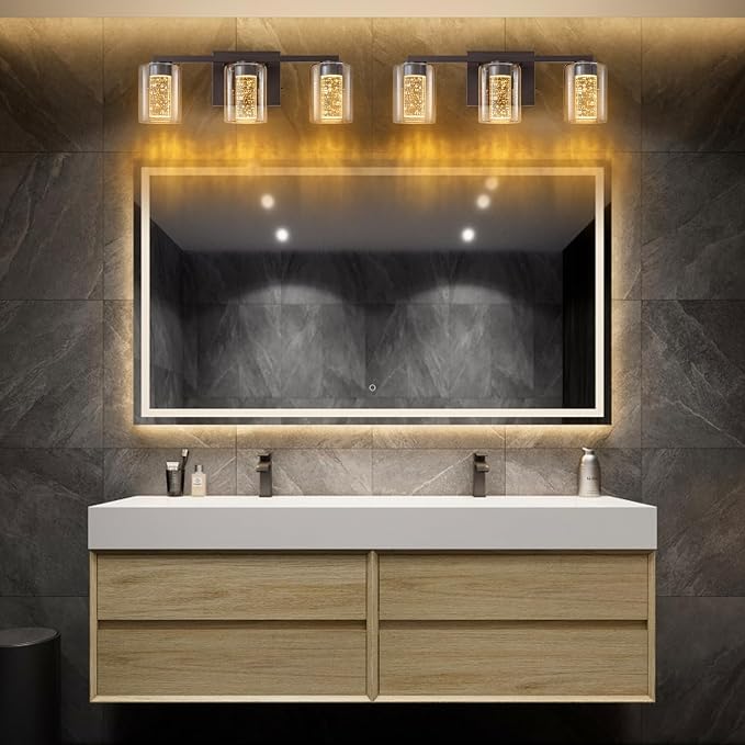SineRise 3-Light Bronze Vanity Light with 3 Color Modes (3000K/4000K/6000K), Eye Protection LED Bathroom Light Fixture, Dimmable Modern Wall Light Over Mirror with Clear Glass Shade