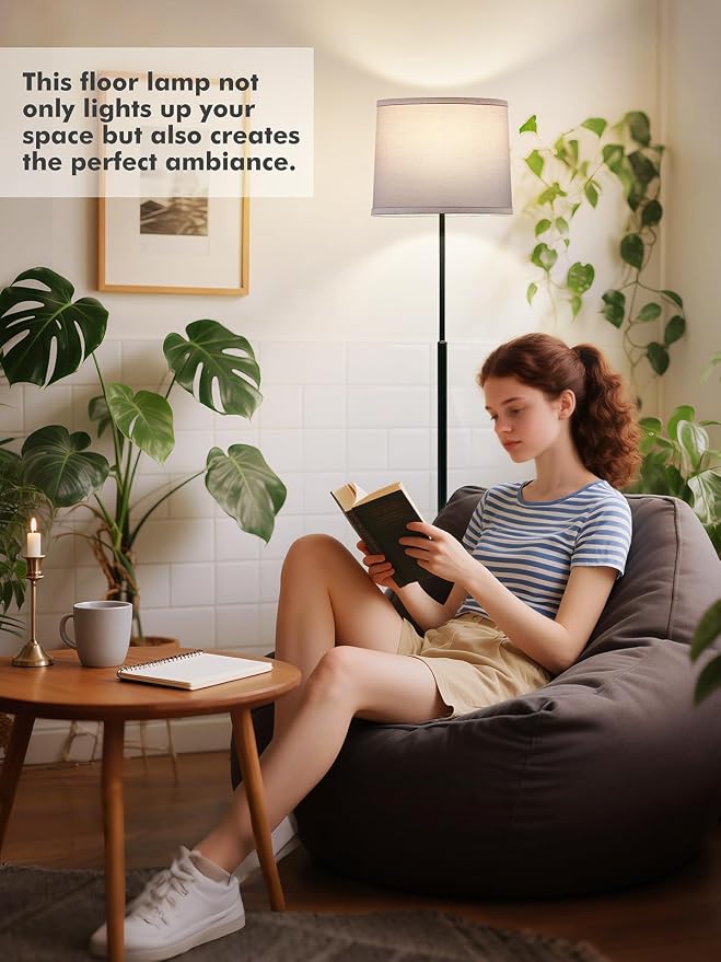 60" Modern Floor Lamp for Living Room Bedroom, Standing Lamp with White Linen Lampshade, Tall Lamp with A19 9W 3 Color Temperature Bulb, Foot Switch Control