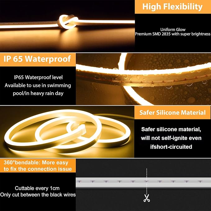 6.6FT Warm Neon Light Strip, 5V USB White Led Strip Lights with Touch Controller, Flexible Neon Rope Light for Bedroom, Party, Home Decor, Poster Lights