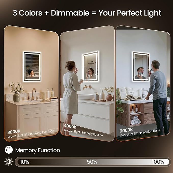 20x28 LED Bathroom Mirror with Anti-Fog, Backlit & Front Lit, Memory | Stepless Dimmable 3 Color CRI 95+ Shatterproof Tempered Glass ETL Listed for Safety Lighted Bathroom Vanity Mirror for Wall