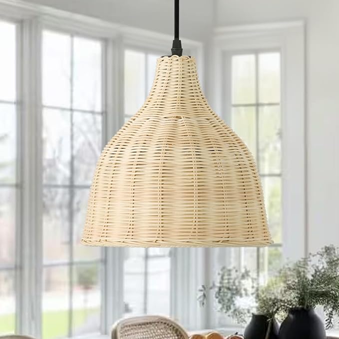 Bobo 3 Light Pendant Light, Hard Wired Hanging Chandelier with 9.84” Dome Rattern Wicker Shade,Suspended Lighting Fixture for for Kitchen Island Dining Bedroom Living Room Restaurants