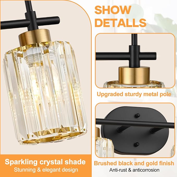 Modern Crystal Bathroom Vanity Light Fixtures, 2-Light Black and Gold Bathroom Wall Sconce Lighting for Over Mirror, Clear K9 Crystal Shades, E26 Base, Bulbs Not Included