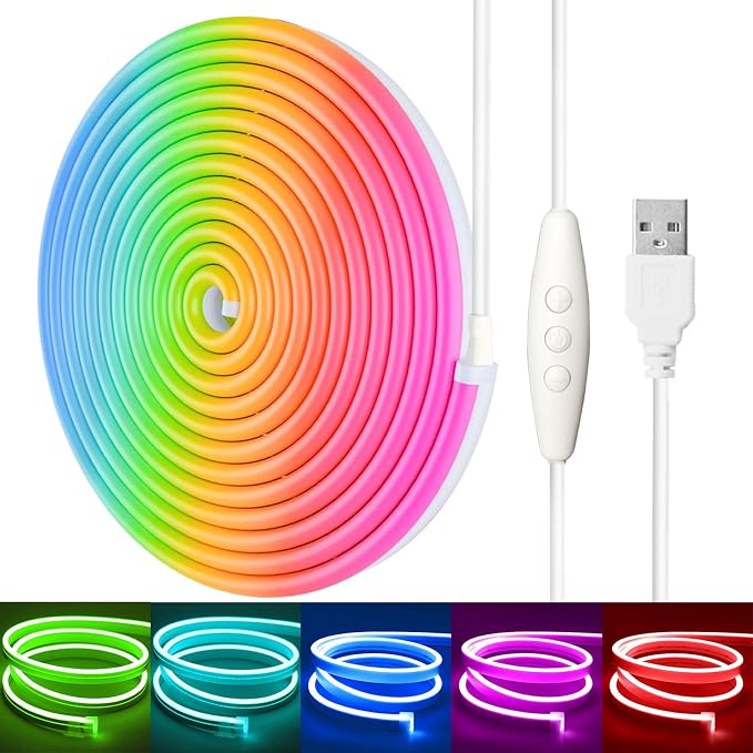 6.56FT RGB Neon Light Strip, 5V USB Led Strip Lights with Touch Controller, Flexible Neon Rope Lights for Bedroom, Party, Home Decor