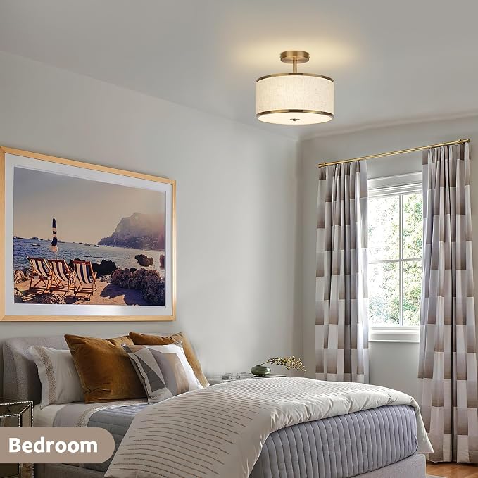 CALOKES 12.6 Inch Semi Flush Mount Ceiling Light, 3-Light Drum Lamp with Gold Brass Finish and Beige Shade, Ideal for Bedroom, Kitchen, Dining Room, Hallway, Entryway, and Foyer,